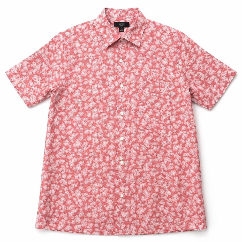 Club Room Mens SZ L Linen Button Down Rust Color Tropical Print Short Sleeve